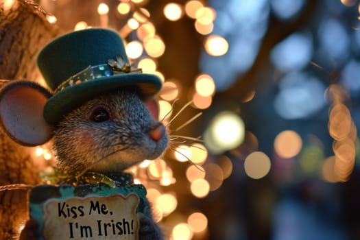 A stuffed mouse wearing a green hat and holding up a sign