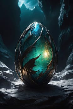 Beautiful ornamental egg in dark cave. 3D rendering. AI Generated.