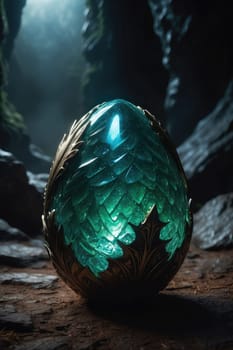Beautiful green glass egg of dinosaur on dark background. 3D fantasy concept. AI Generated.