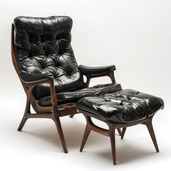 A black leather chair and ottoman with a wooden frame