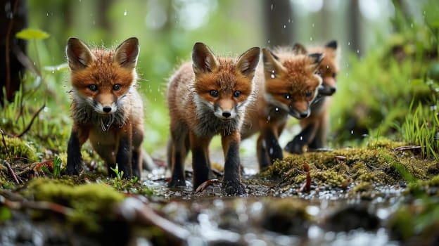 A group of three foxes walking through a forest in the rain