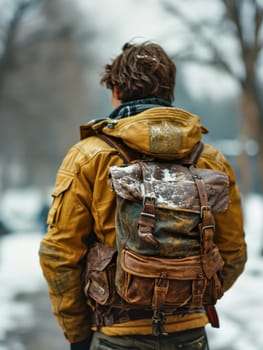 A man in yellow jacket with backpack standing on sidewalk