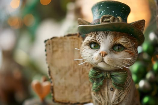 A close up of a cat wearing a green hat and bow tie