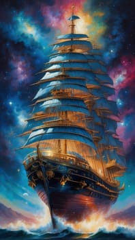 Sailing ship in the night starry sky. Fantasy painting. AI Generated.