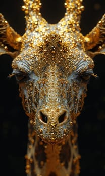 A close up of a giraffe with gold and silver decorations