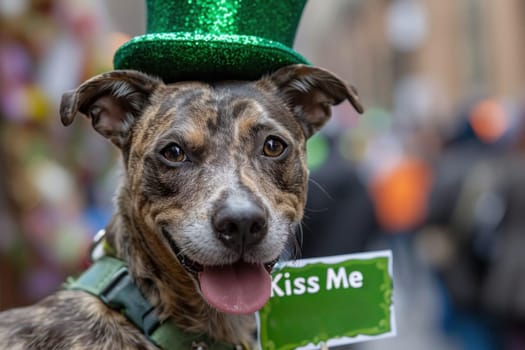 A dog wearing a green hat with kiss me written on it