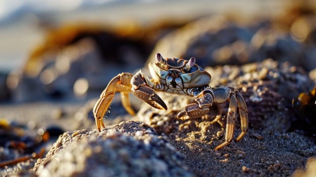 A crab is standing on a rock with its legs spread