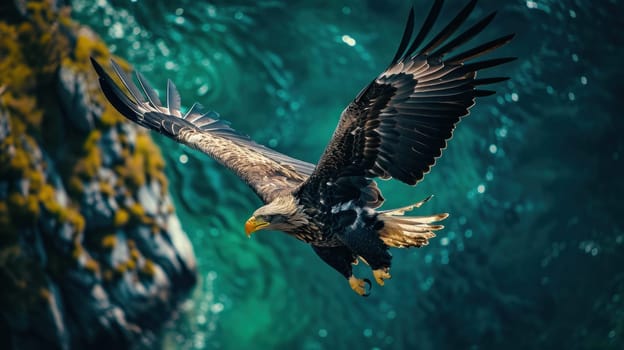 A large eagle flying over a body of water with rocks in the background