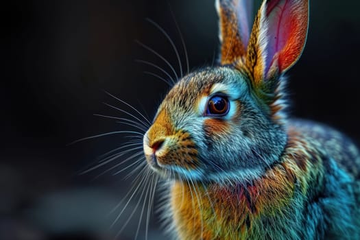 A close up of a rabbit with bright colors on its fur