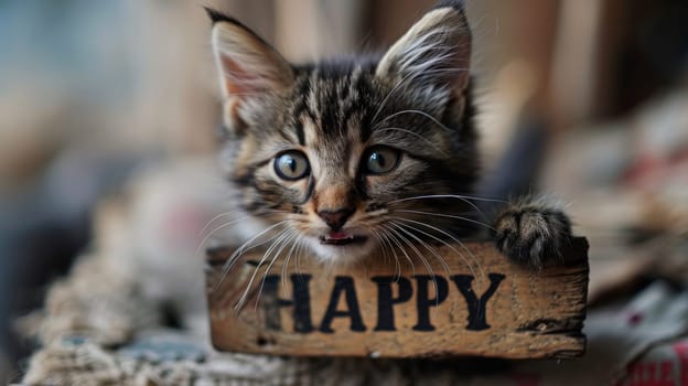 A kitten is holding a wooden sign with the word happy