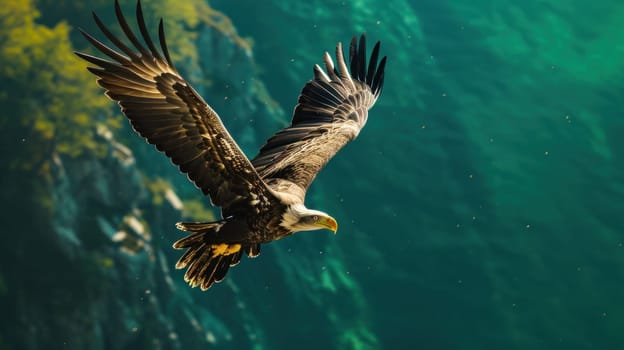 A large eagle flying over a green body of water