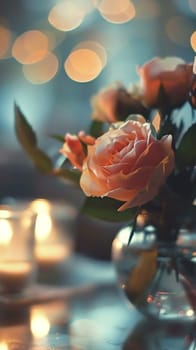 A vase of a glass filled with roses and candles