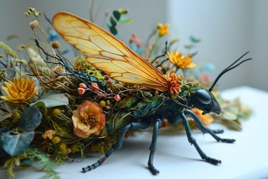 A close up of a bug made out of flowers and leaves