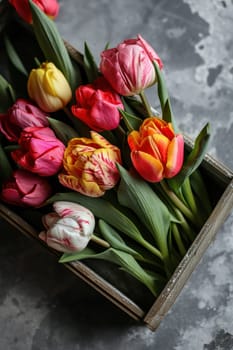 A wooden box with a bunch of flowers in it