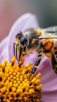 A bee on a flower with yellow petals and purple stems