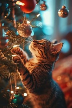 A cat playing with a christmas tree ornament hanging from the ceiling