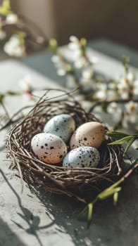 A bird's nest with four eggs and a branch of flowers