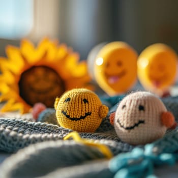 A group of three knitted toys are sitting on a table