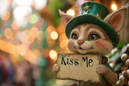 A close up of a stuffed animal holding an sign that says kiss me