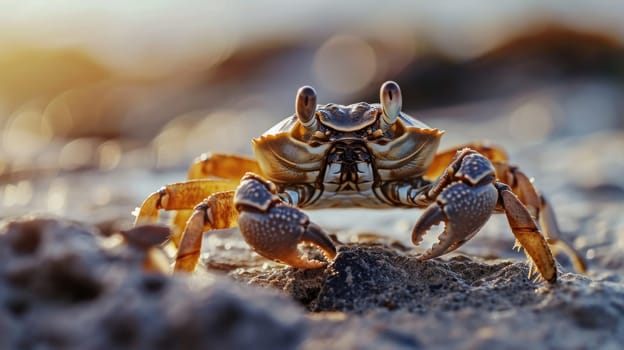 A crab with large eyes and a long body standing on the ground