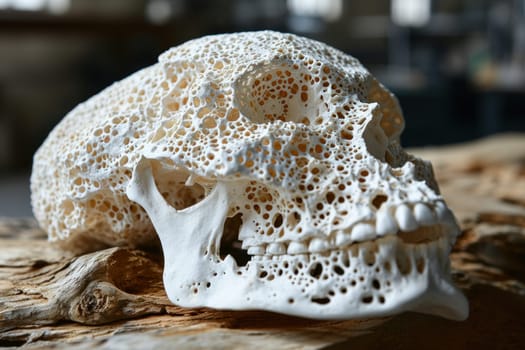 A close up of a white skull sitting on top of wood