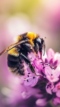 A bee on a purple flower with blurred background