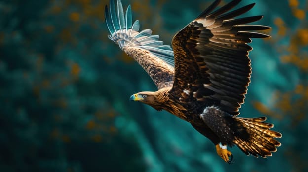 A large bird of prey flying in the sky with a blue background