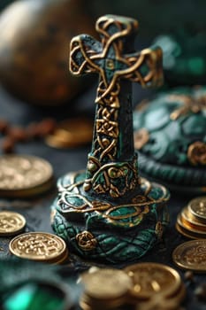 A small cross sits on top of a pile of coins