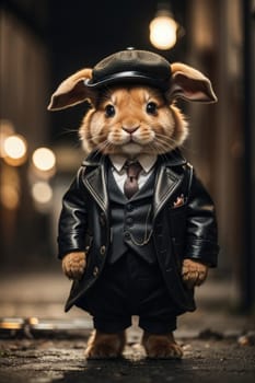 Funny little rabbit in a hat and leather jacket on the street. AI Generated.