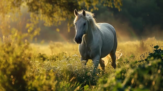 A white horse walking through a field of tall grass