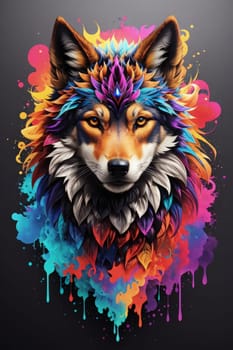 Tshirt design of wolf with colorful paint splashes on black background. AI Generated.