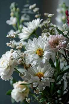 A close up of a bouquet with white and pink flowers