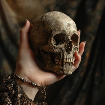 A person holding a small human skull in their hand