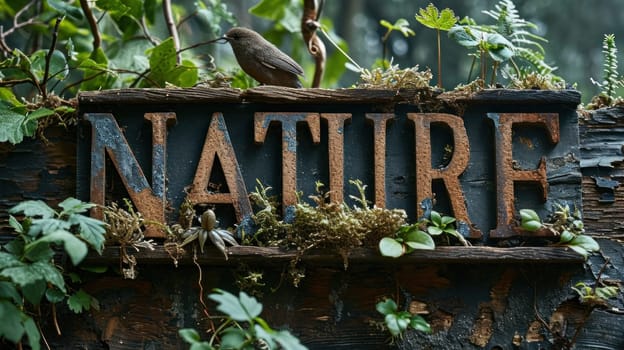 A small bird perched on top of a wooden sign that reads nature