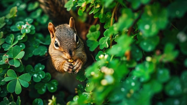 A squirrel peeking out from behind a bunch of green leaves