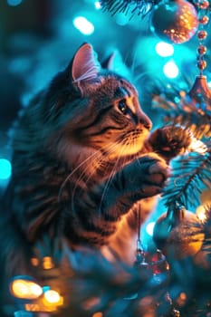 A cat playing with a christmas tree ornament in front of the lights