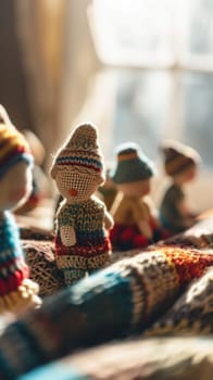 A group of small knitted dolls sitting on a blanket