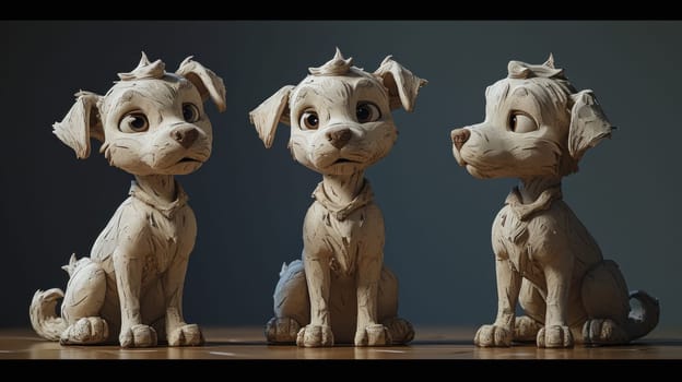 Three white dog figurines sitting on a table with one looking away