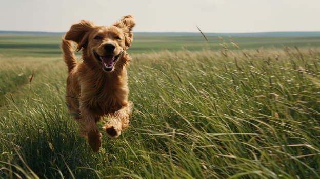 A dog running through a field of tall grass with the sun behind it