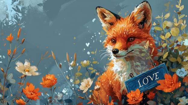 A painting of a fox with flowers and blue sign