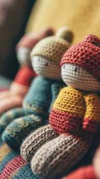 A close up of a group of knitted dolls sitting on top of each other