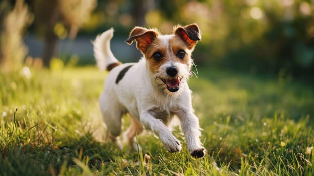 A small dog running through a field of grass with its tongue out