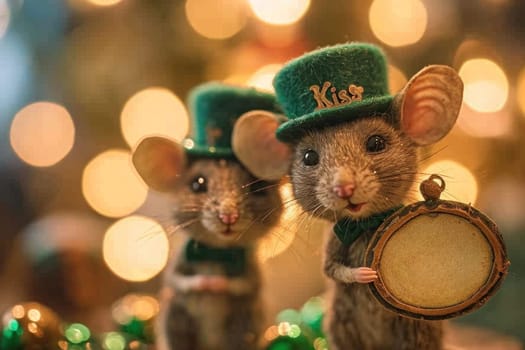 Two mice dressed in green hats and holding a frame