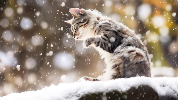 A cat sitting on a rock in the snow with its paws up