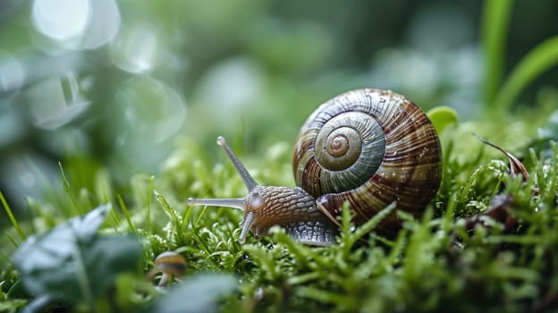 A snail is sitting on top of some green grass