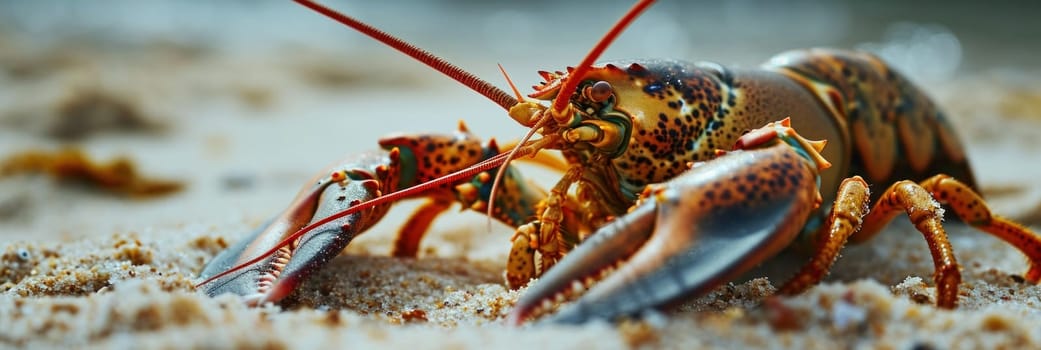 A lobster with large claws and a red tail is on the sand