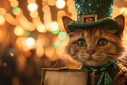 A cat dressed in a green hat and holding up an old photo