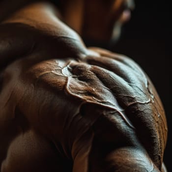 A close up of a bodybuilde's back and shoulders