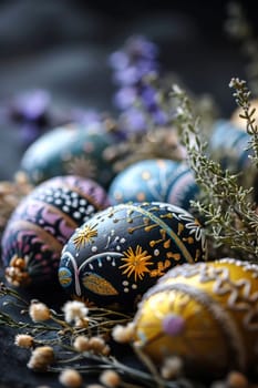 A bunch of decorated eggs are sitting on a table