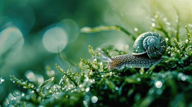 A snail is sitting on top of some green grass